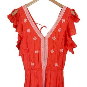 Moon River Anthropologie Embroidered Boho Midi Dress Flutter Sleeve Orange Med